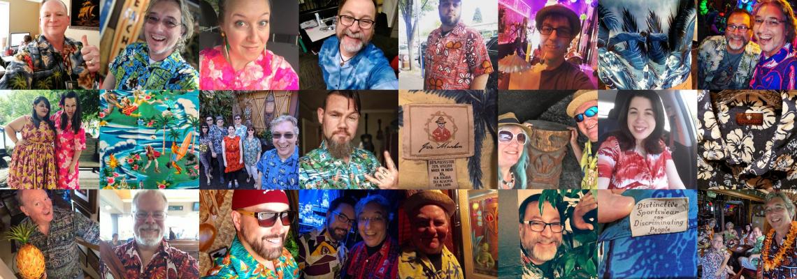 A collage of Tiki Kon fans wearing Hawaiian shirts and dresses